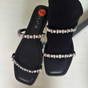 Black slides with jewel and pearl detail